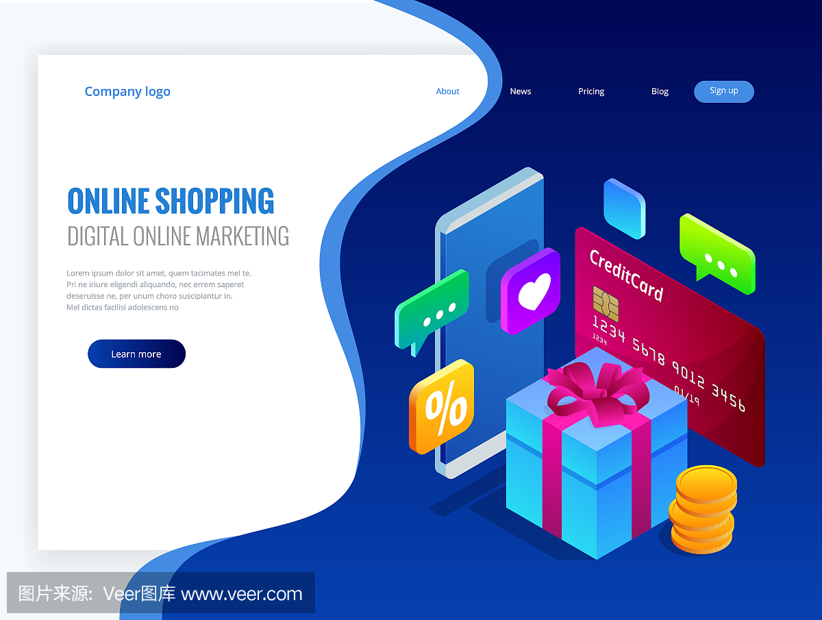 等距網(wǎng)上購物概念。數(shù)字網(wǎng)絡營銷商業(yè)銷售概念。最好的禮物。矢量圖